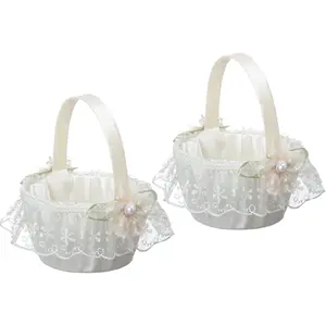 2 PCS Creative Hand-held Lace Rhinestone Wedding Flower Girl Baskets, Flower Basket Accessories for Bride Kids Wedding Ceremony Party