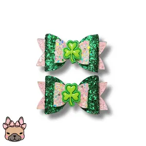 Lucky Charm Double Dog Bows - Saint Patrick's Day Dog Accessories - Green and White Dog Bows