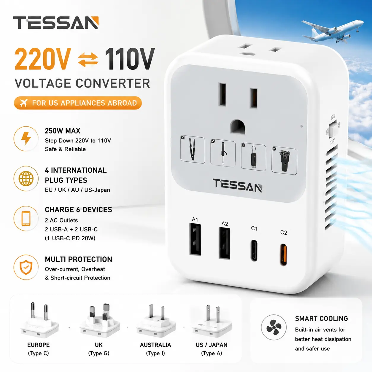 TESSAN 220V to 110V Voltage Converter US to Europe Universal Travel Adapter | 4 USB Ports (2 USB-C), 2 AC and EU/UK/JP/FR Power Plug Adaptor, International Step Down Transformer