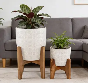 White Ceramic Planter Set with Wood Stands – 22.5 to 9 In