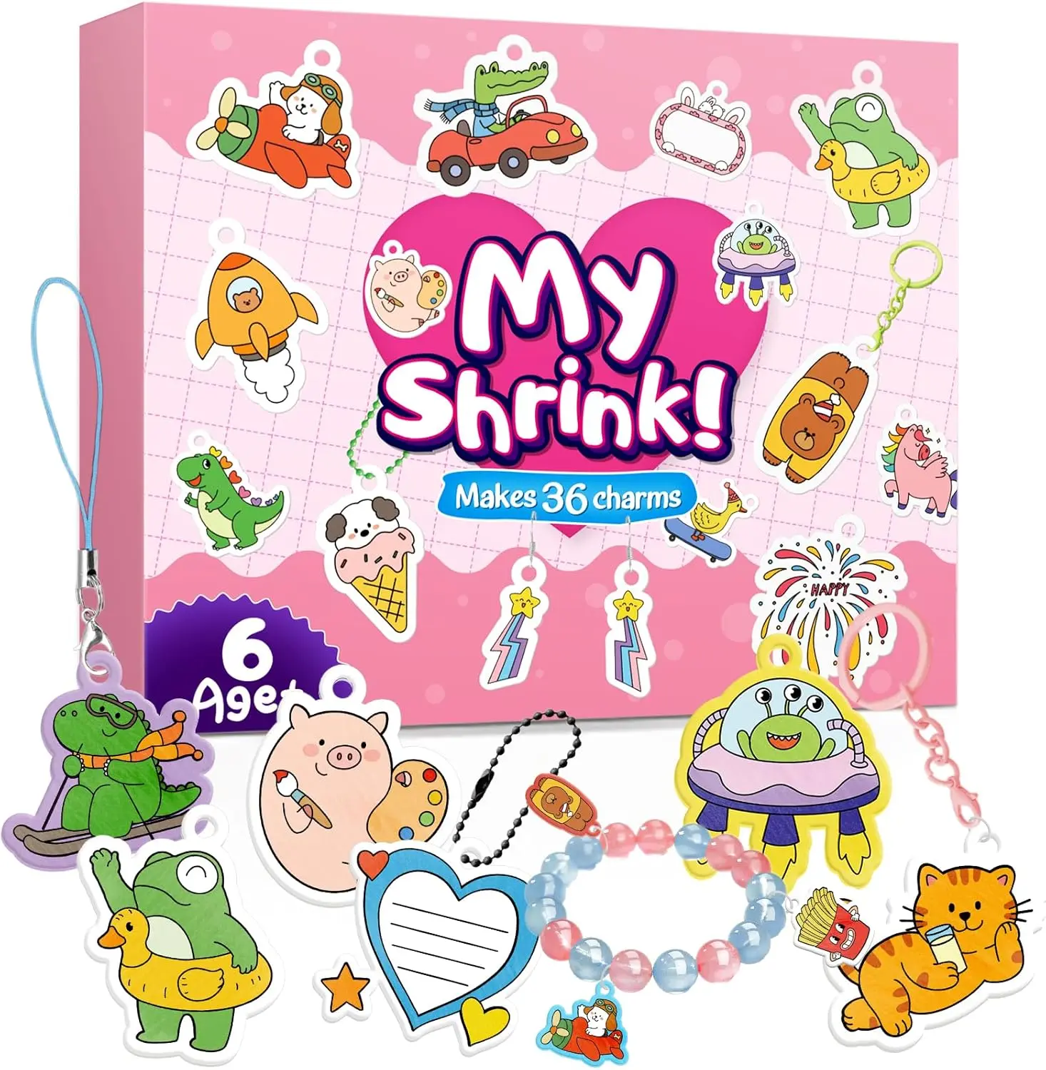 Kasfalci 192Pcs  DIY Shrink Art Papercraft Kit with 36 Pre-Cut Shapes, Shrink Plastic Sheets & Keychain Charms, Creative Craft Set for DIY Enthusiasts Kids Adults, Fun Summer Gift