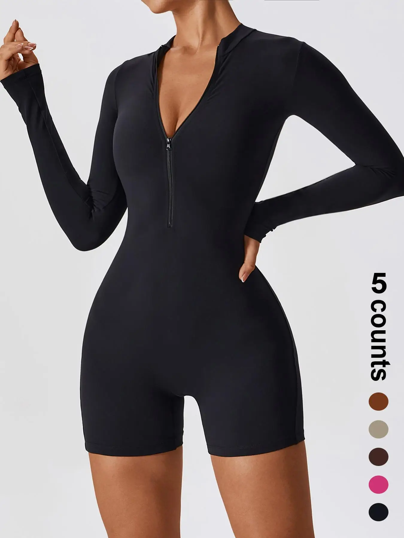 Sporty Women's Solid Color Zip Up Half Placket Sports Skinny Romper, Compression Garment, Tight-fitting Long Sleeve Mock Neck Seamless Sports Romper,