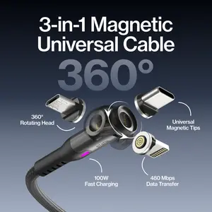 STATIK 360 Pro Cable: 3-in-1 Universal Magnetic Charging Cable | 100W | Fast Charge | 480Mbps Data Transfer | 360° Rotating Head | Braided  Nylon