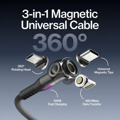 STATIK 360 Pro 3-in-1: Universal Magnetic Charging Cable | 100W Fast Charge | 360 Rotating Head | USB-C, Lightning & Micro-USB Tips | For iPhone, Android, Tablets & Headphones