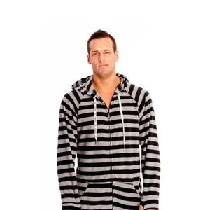 Black and Grey Striped Adult Footed Onesie Pajamas