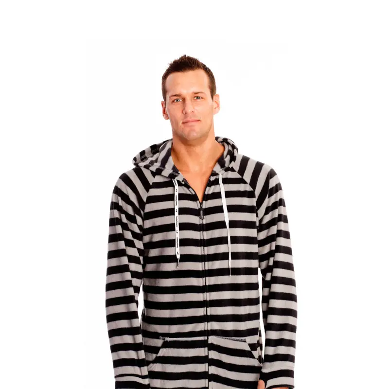 Black and Grey Striped Adult Footed Onesie Pajamas