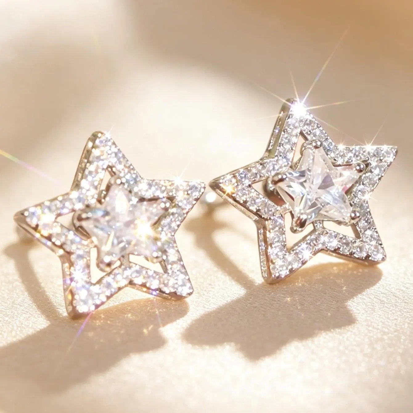Double Layer Star Earrings, Gold/Silver Tone with Central Stone, Pave Crystal Accent, Aesthetic Celestial Studs for Daily Wear