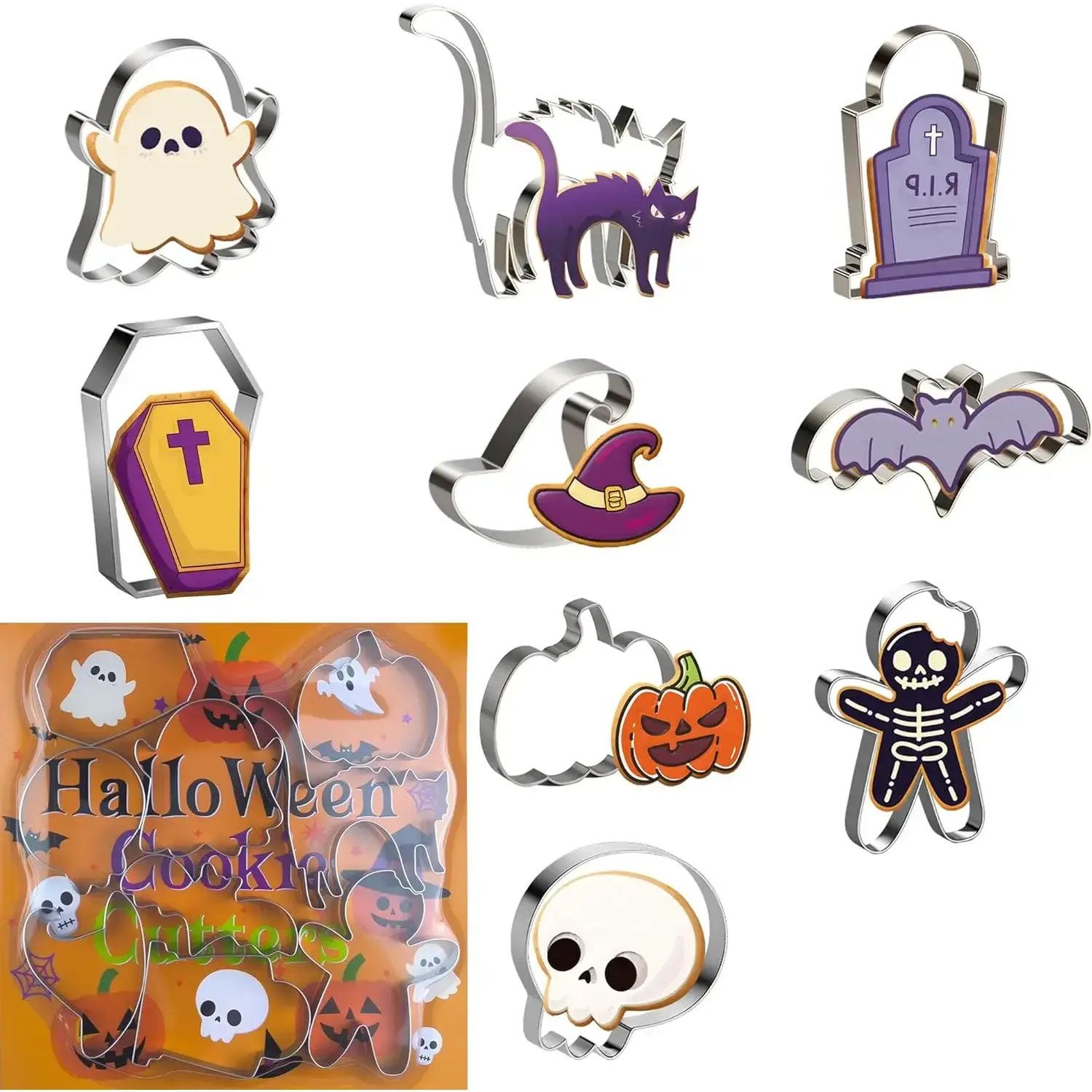 Halloween Party Favors - 9 PCS Metal Halloween Cookie Cutters Kit Shaped in Bat Ghost Cat Pumpkin Coffin | Stainless Steel Halloween Party Decorations Food Baking Supplies for Kitchen
