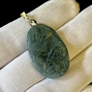 High-grade Natural Green Jade Jadeite Pendant Carved Embossed Landscape, Free Necklace