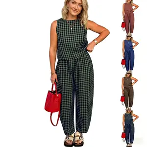 Women's Summer 2 Piece Outfits Plaid Crop Tank Top High Waisted Baggy Ankle Barrel Pants Gingham Lounge Set