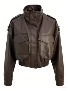 Women's Shiny Glossy Faux Leather Aviator Jacket, Stand Collar Long Sleeve Zipper Pocket Design, Casual Elastic Hem Short Coat