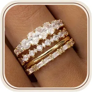 Stackable Gold Rings for Women Non Tarnish Dainty 14K Gold Plated Cubic Zirconia Wedding Bands Ring Set Minimalist Thumb Promise Engagement Eternity Ring Stack Gold Jewelry Size 6-10