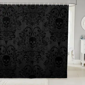 Gothic Skull Shower Curtain for Bathroom Decor Damask Print Bath Curtain Goth Bohemian Bathroom Accessories Dark Olive Green Waterproof Polyester Fabric for Stalls Bathtubs