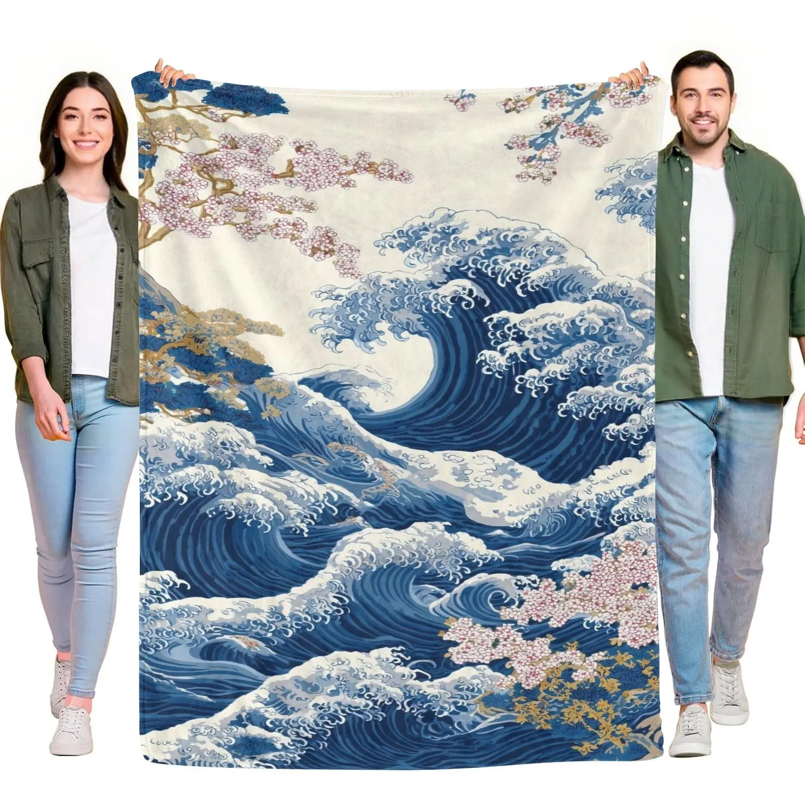 Flannel Blanket Japanese wave cherry blossom print lightweight warm blanket for travel bedroom everyday use