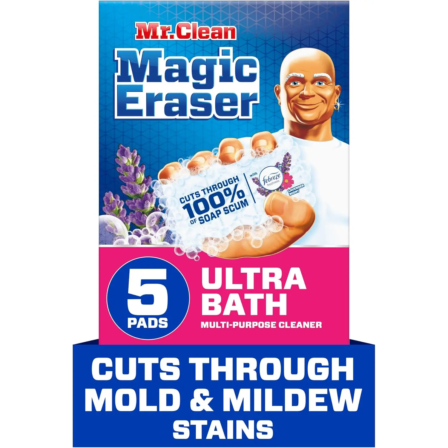 Mr. Clean Magic Eraser Sponge, Bathroom Cleaner, Shower Cleaner, Tub Cleaner, Soap Scum Remover, Bathroom Cleaning Supplies, Dawn Cleaning Power with Febreze Lavender Scent, Ultra Bath, 5Ct Procter & Gamble