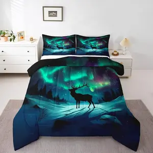 Aurora Deer Comforter Set,Northern Lights Bedding Set,Adults Farmhouse Cabin Deer Quilt Bed Set,Starry Night Nature Bed Comforter Sets