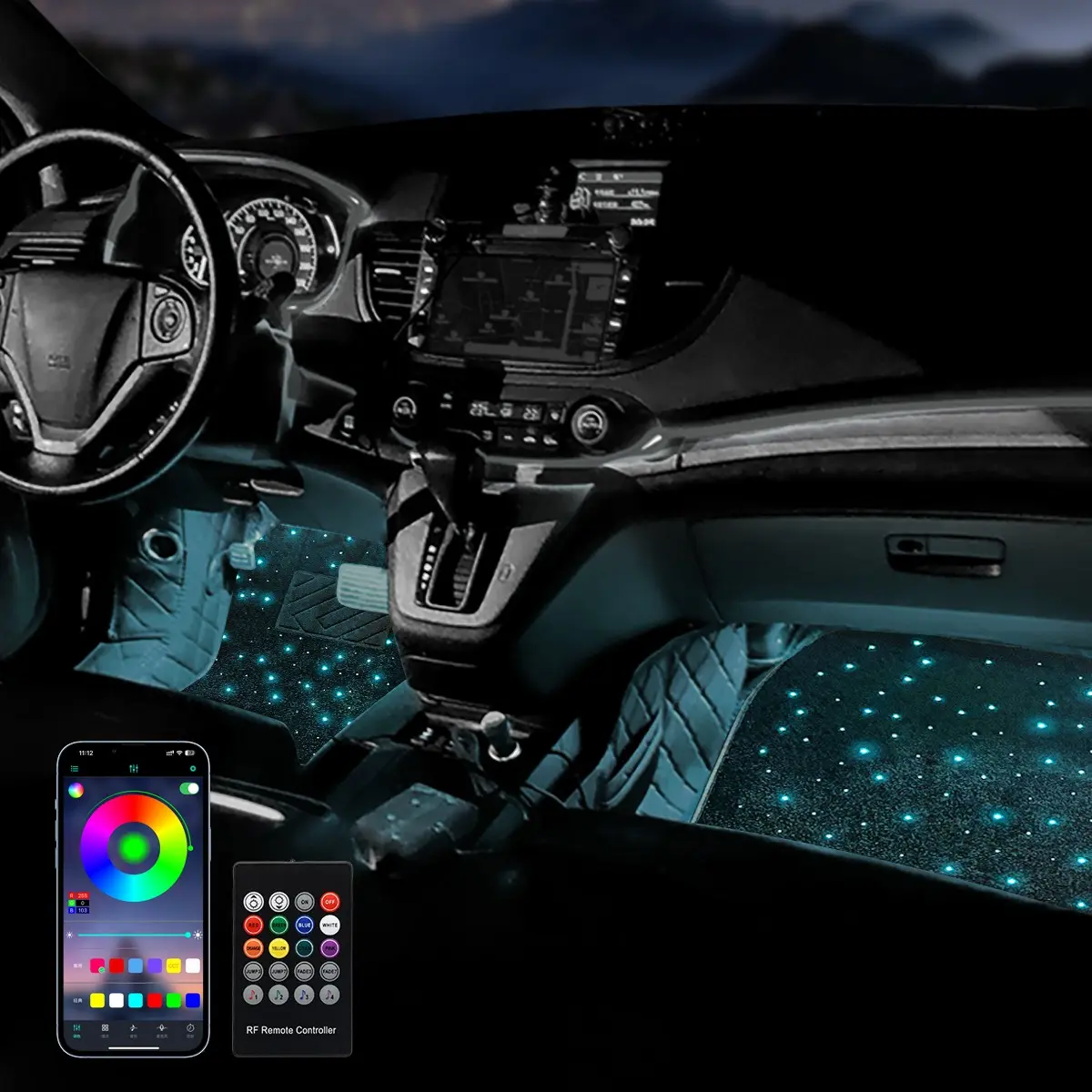 FCCEMC Star Light Car Floor Mats Interior Ambient Lighting LED Galaxy Light Up Car Mats Floor Carpet Starlights For Car Car Decorative Light Car Accessories