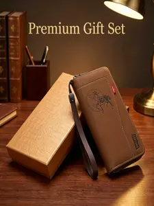 Men's Long Zipper Handbag, Business Fashion Wallet, Large Capacity Multi-Card Slot, Phone Compatible, Business Casual, Daily Use, Gift Box Included
