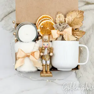 Golden Glow Holiday Gift Box – Candle, Mug, Cozy Socks, Nutcracker & Dried Oranges | Christmas Gift Basket, Winter Care Package, Corporate Employee Appreciation, Teacher Thank You, Birthday Present for Women, Men, Friends, Clients, Staff, Self Care