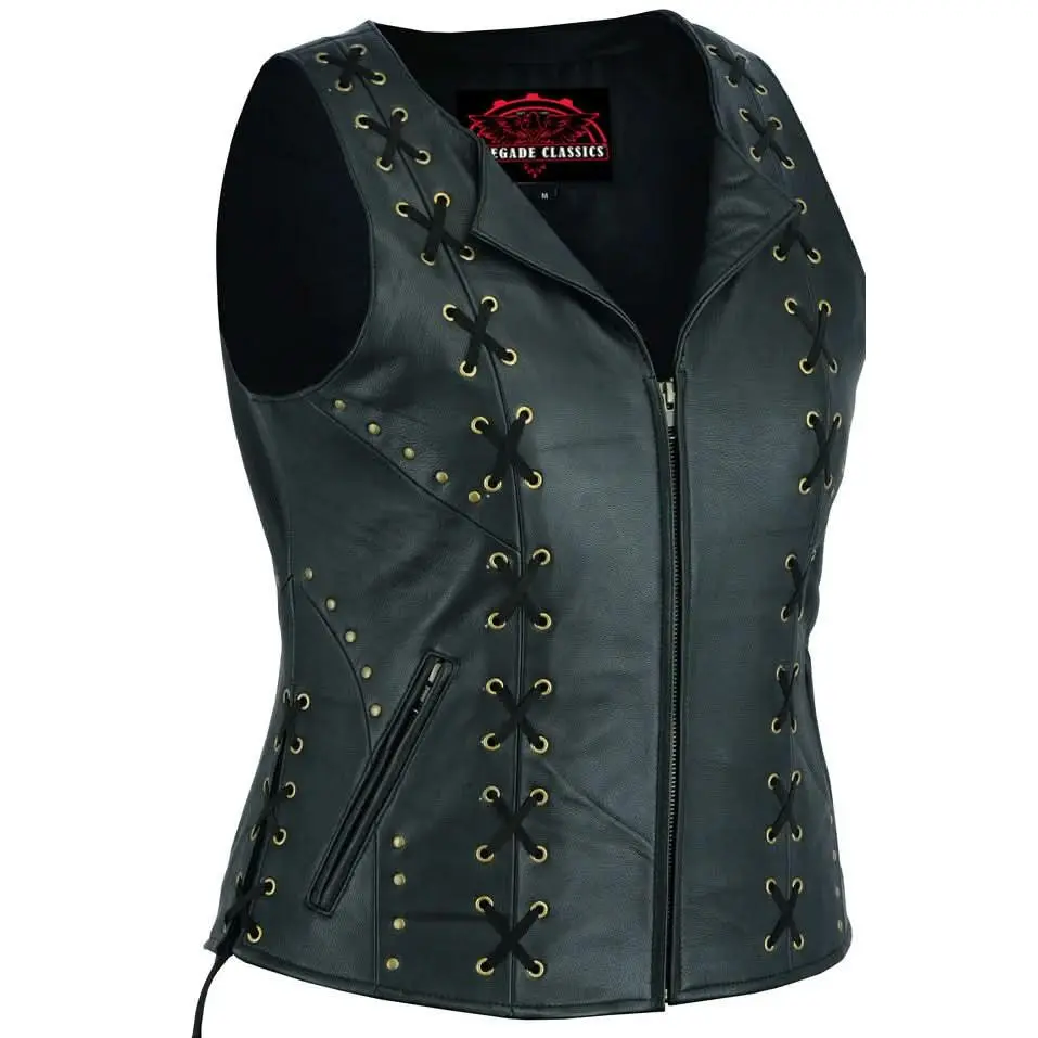 RENEGADE CLASSICS Women's Sexy Goat Skin Drum Dyed Leather Motorcycle Vest - Front Zipper, Fitted, Adjustable Fit, Functional Pockets, Lace Accents