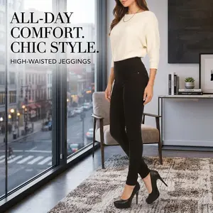 Women's Cotton Blend Stretch Pull-on Jeggings Casual Pants with Pockets - High Waist Comfortable Leggings Perfect for Yoga Workout Daily Wear Plus Size Available