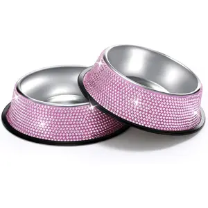 Bling Dog Bowls Pink, 640ML Handmade Bling Rhinestones Stainless Steel Pet Bowls Double Food Water Feeder for Puppy Cats Dogs - Set of 2