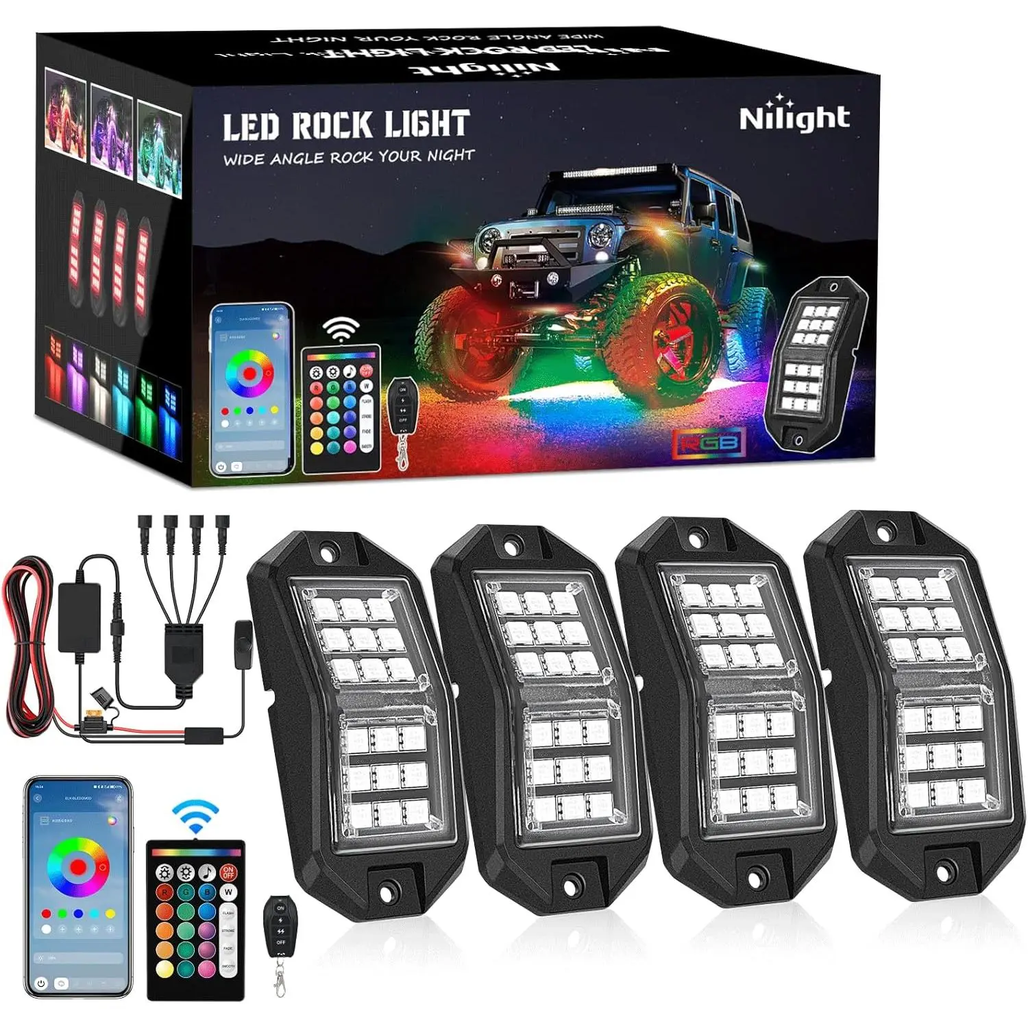 Nilight Multifunctional Car LED RGB Rock Lights Kit - 4 PCS 18-LED Wide-Angle Wheel Well Underglow Neon Pods, RGB Side Lights, Remote & Bluetooth App Dual Control, Multi Modes for ATV, UTV Offroad Trucks