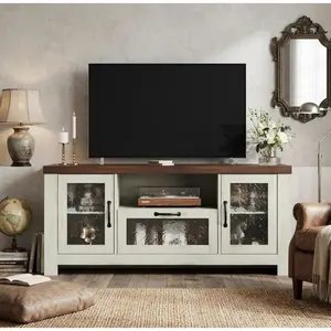 Garvee 55.2'' Modern Sideboard Buffet Cabinet with Acrylic Door Storage Cabinet, Farmhouse Coffee Bar Cabinet with Adjustable Shelves for Kitchen, Living Room, Dining Room, Oak+White