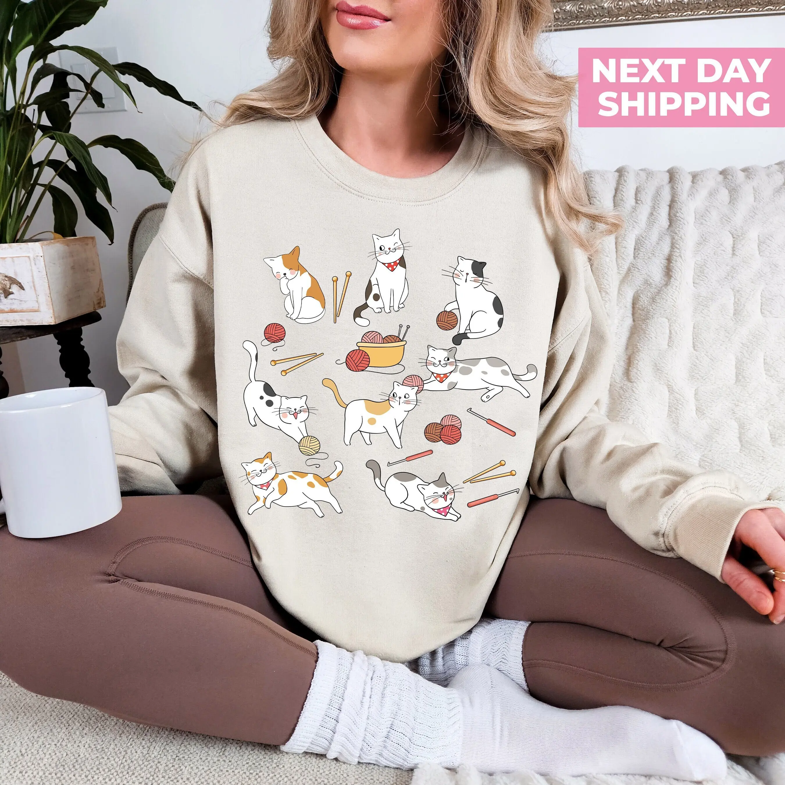 Crochet and Cats Sweatshirt, Crochet All Day Sweater, Gift For Crocheter, Yarn Lady Crewneck, Funny Crochet Gift, Mother’s Day Gift