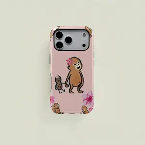 One cartoon cute monkey and flower pattern protective case, a sturdy and durable two-in-one protective case, suitable for iPhone 17/16/15/14/13/12/11 Pro Max/Plus/Pro, Samsung Galaxy S25/S24/S23 Ultra series.  Couple phone case, stylish phone case.