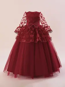 Girls' Vintage Flower Appliques Bowknot Design Fit & Flare Floral Dress, Elegant Faux Pearls Decor Long Sleeve Round Neck Contrast Lace Dress for Party, Kids Clothes for All Seasons