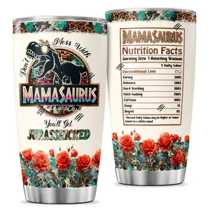 Mamasaurus Leopard Floral Tumbler 20 Oz with Lid and Straw - Stainless Steel Water Bottle - Drinkware, Cup - Gift for Mom - Lightweight Insulation
