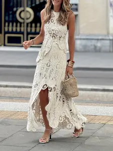 Women's Elegant Asymmetrical Vest and Dress Set with Hand- Floral Pattern, Fashionable Comfortable Vintage Casual Vacation Outfit Gift