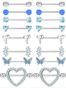 8 Pairs 14G Nipple Bars Steel Nipple Piercing Set CZ Butterfly Nipple Rings Barbell Rings Ball Heart Nipple Bar Tongue Bar Nipple Piercing Jewellery Body Piercing for Women Fashion Body Jewelry Body Piercings Set
