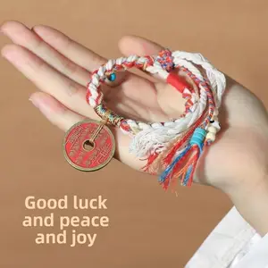 Mountain Spirit Coin Amulet Bracelet Handmade Adjustable Braided Cord Feng Shui Protection Pendant Chinese Spiritual Elements for Daily Luck Quantum Energy Infused