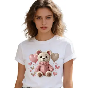 Women's Soft T-Shirt with Adorable Teddy Bear & Balloon Print – Short Sleeve, Casual Round Neck Top, Lightweight & Stretchy for Casual Attire, Casual Daily Wear |   Girly Casual Style |   Comfortable Fit