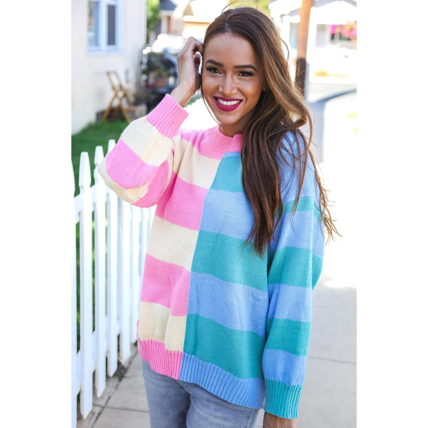 Catch Glances Blush & Blue Stripe Color Block Knit Sweater