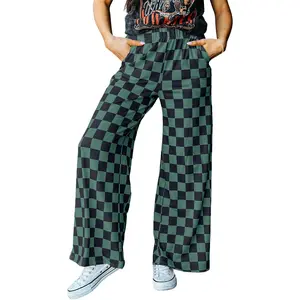 Womens Casual Checkered Pants Elastic Waist Comfy Loose Wide Leg Plaid Pants with Pockets High Waisted Fitted Womenswear Bottom