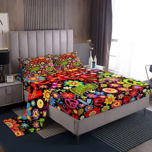 Feelyou Easy-Care Vintage Groovy Flower Bedding Set - Retro Floral Design, Deep-Pocket Fitted Sheet, 60s-70s-80s Hippie Collection, Boho Bedding, Bed Linens, Floral Bedsheets, Bedding Sheets