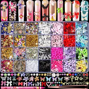 [ NEW DEAL ] 8000pcs 3D Nail Charms and Nail Gems, Cute Nail Rhinestones and Charms Y2K for Nails Nesign, Variety Butterfly Bow Moon Star Flower Junk Case Charms Gold Pearls Nail Jewels for Nail Art Decorations