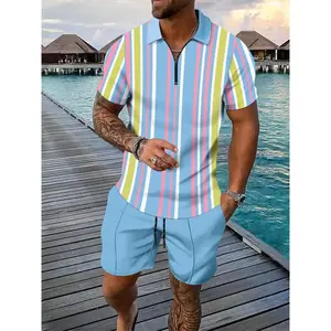 Men’s two-piece set featuring a color-blocked striped print short-sleeved shirt and shorts; a fashionable, comfortable, and breathable summer outfit suitable for everyday wear in men’s apparel.