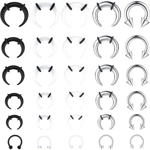 30-Piece Septum Stretching Kit, 16G-6G Acrylic and Stainless Steel Pincher Tapers and Horseshoe Rings, C-Shaped Nose and Ear Cartilage Piercing Jewelry for Women and Men