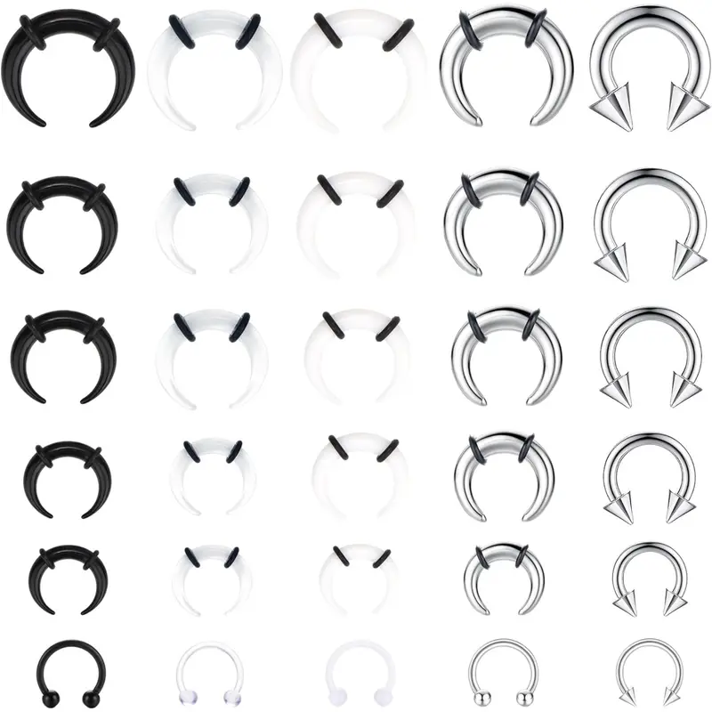 30-Piece Septum Stretching Kit, 16G-6G Acrylic and Stainless Steel Pincher Tapers and Horseshoe Rings, C-Shaped Nose and Ear Cartilage Piercing Jewelry for Women and Men