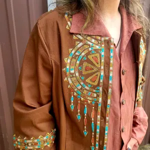 Vintage 1980’s Bob Mackie Metallic Graphic Embroidered Egyptian-inspired No collar button up