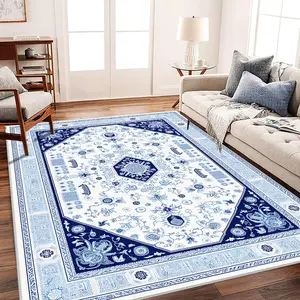 A Persian-style home carpet with blue and white floral patterns, machine washable and colorfast, soft and durable, suitable for holidays and any space area, including hotels, offices, sofas, bedside, and corridors, etc.
