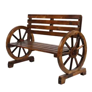 41" Rustic Wooden Wagon Wheel Bench with Unique Armrest Design, 2-Person Slatted Seat & Back, Solid Fir Wood Patio Garden Bench, 350lb Capacity, Brown