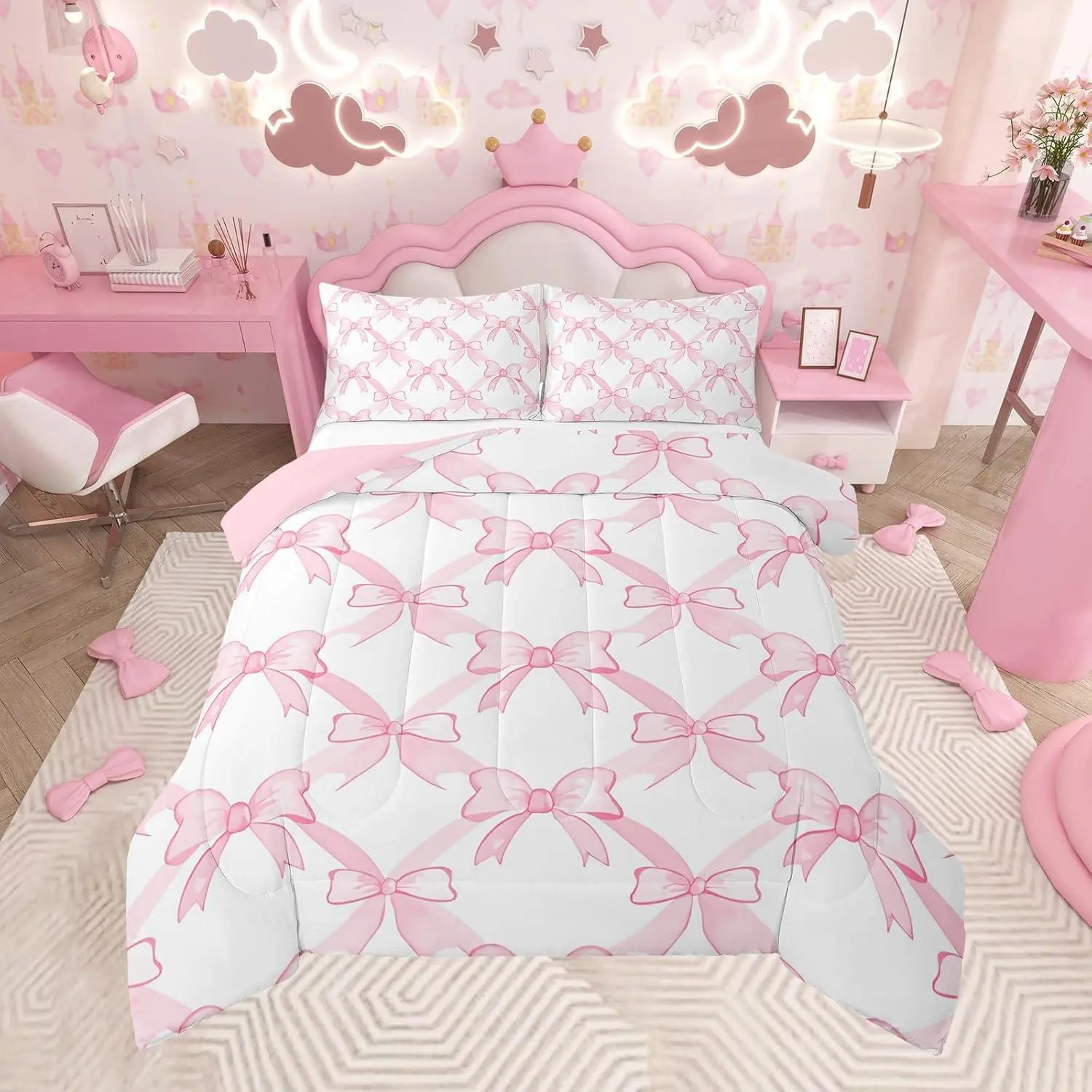 Pink Bowknot Comforter Set,Dreamy Princess Bow Bedding Set,Cute Bowknot Comforter,Fashion Bow Bed Set Bedroom Room Decor