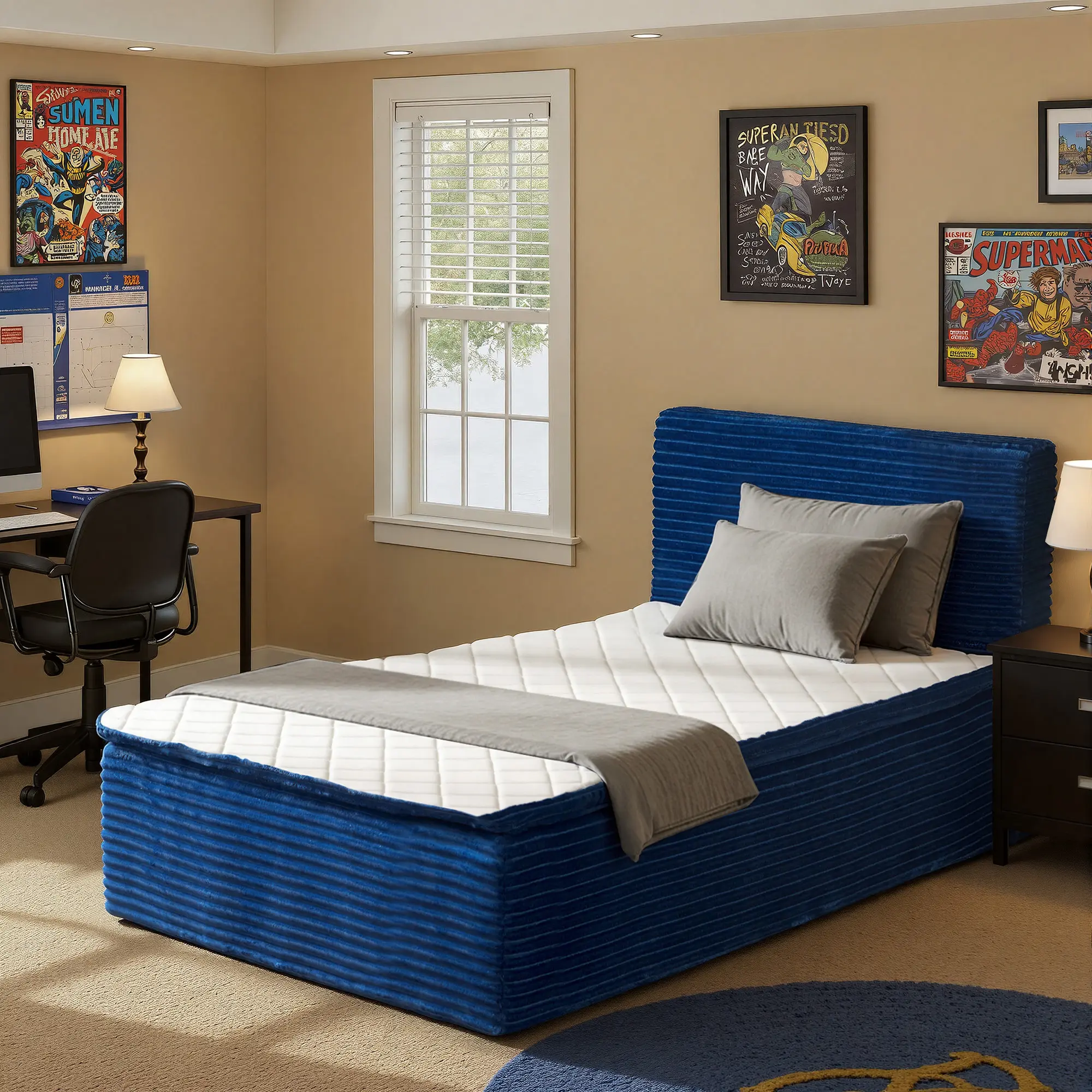 ALLWEX 39in Twin Size Rectangular Cloud Floor Bed with Included Mattress - Modern Upholstered Frame, 16in Tall Channel Weave Plush Headboard, 6 Foam Layers Hybrid Mattress with Pocket Springs, Fast-Install for Kids & Small Spaces (Multi-Sizes Option)