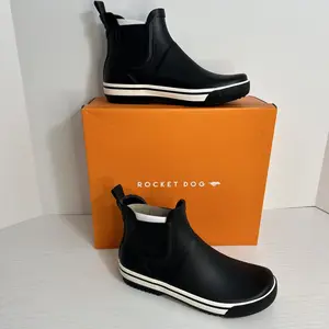 Rocket Dog Women's Rainbow Rubber Rain Boot - Black with White Stripe Design, Durable Waterproof, US Sizes, Block Heel, 1 Inch Heel Height