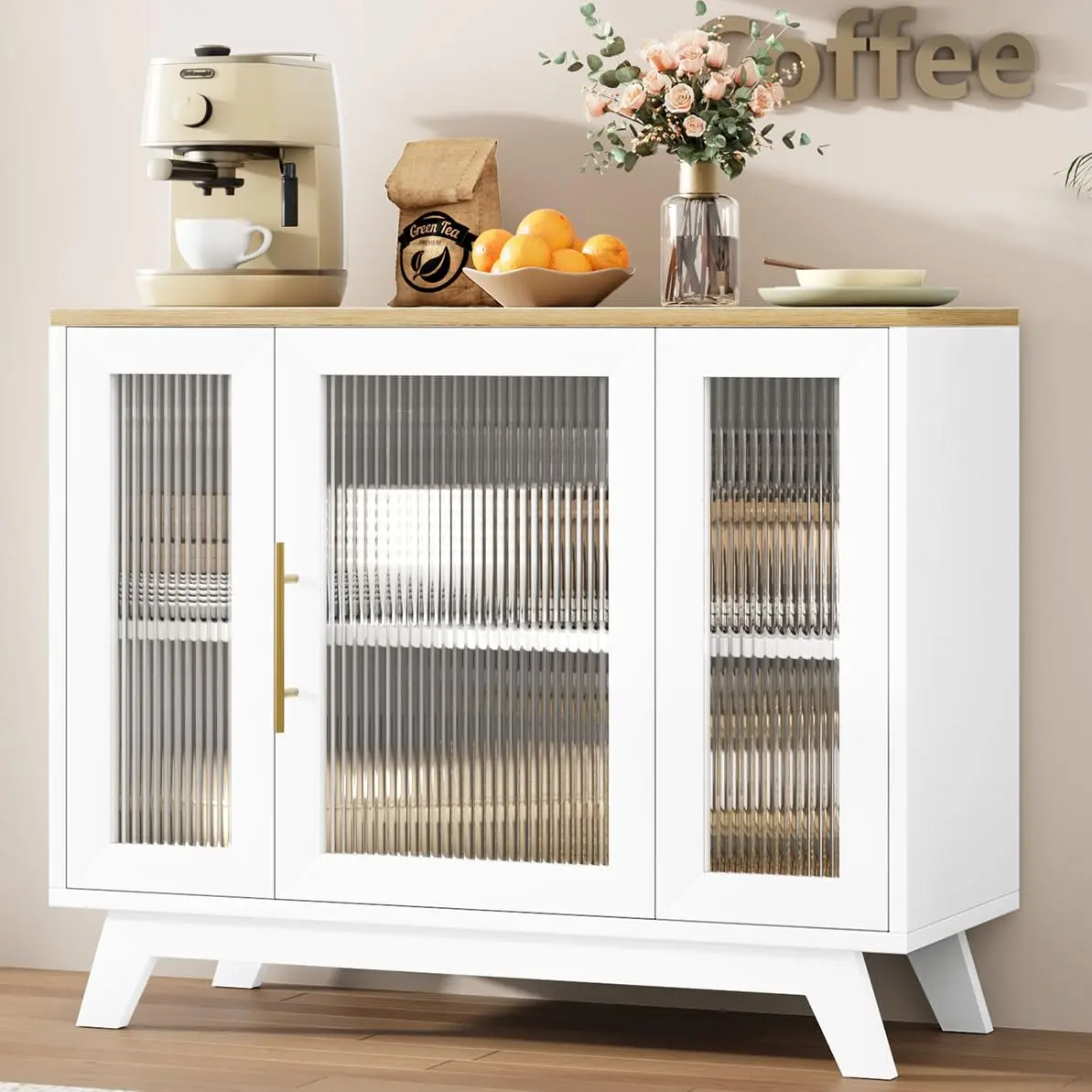 【GARVEE】Accent Storage Cabinet, 36'' Sideboard Buffet Cabinet with Fluted Glass Door and Adjustable Shelf, White Coffee Bar Cabinet for Kitchen, Dining Room, Living Room, Natural